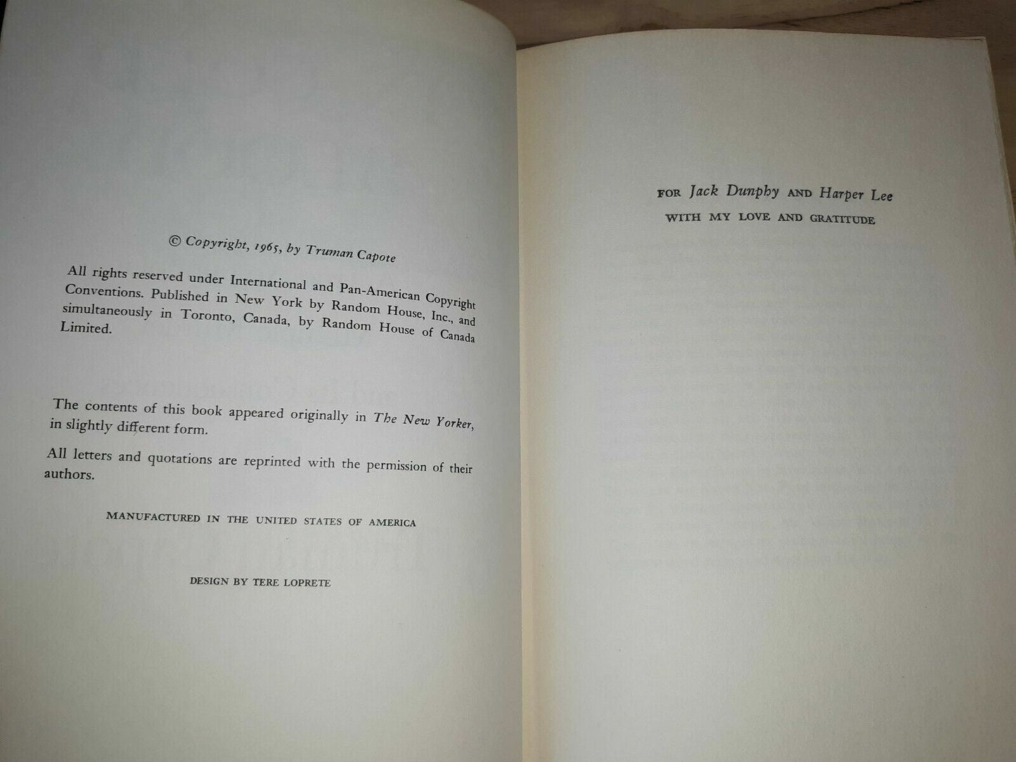 In Cold Blood Truman Capote 1965 Random House Hardcover, No DJ