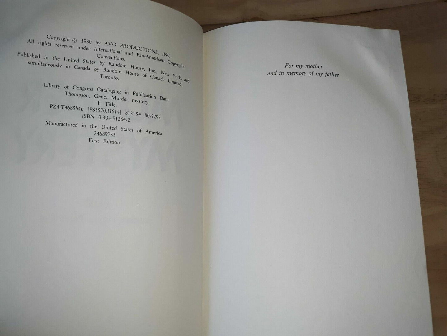 Murder Mystery by Gene Thompson 1980 1st Edition HC/DJ