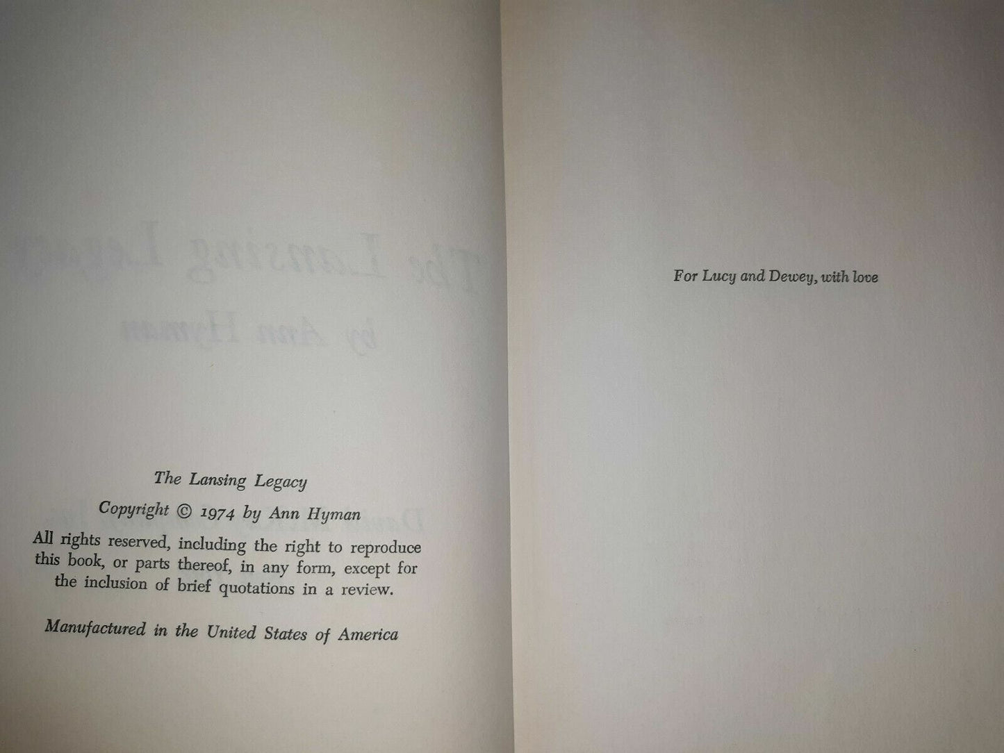 1974 The Lansing Legacy by Ann Hyman Hardcover with Dust Jacket