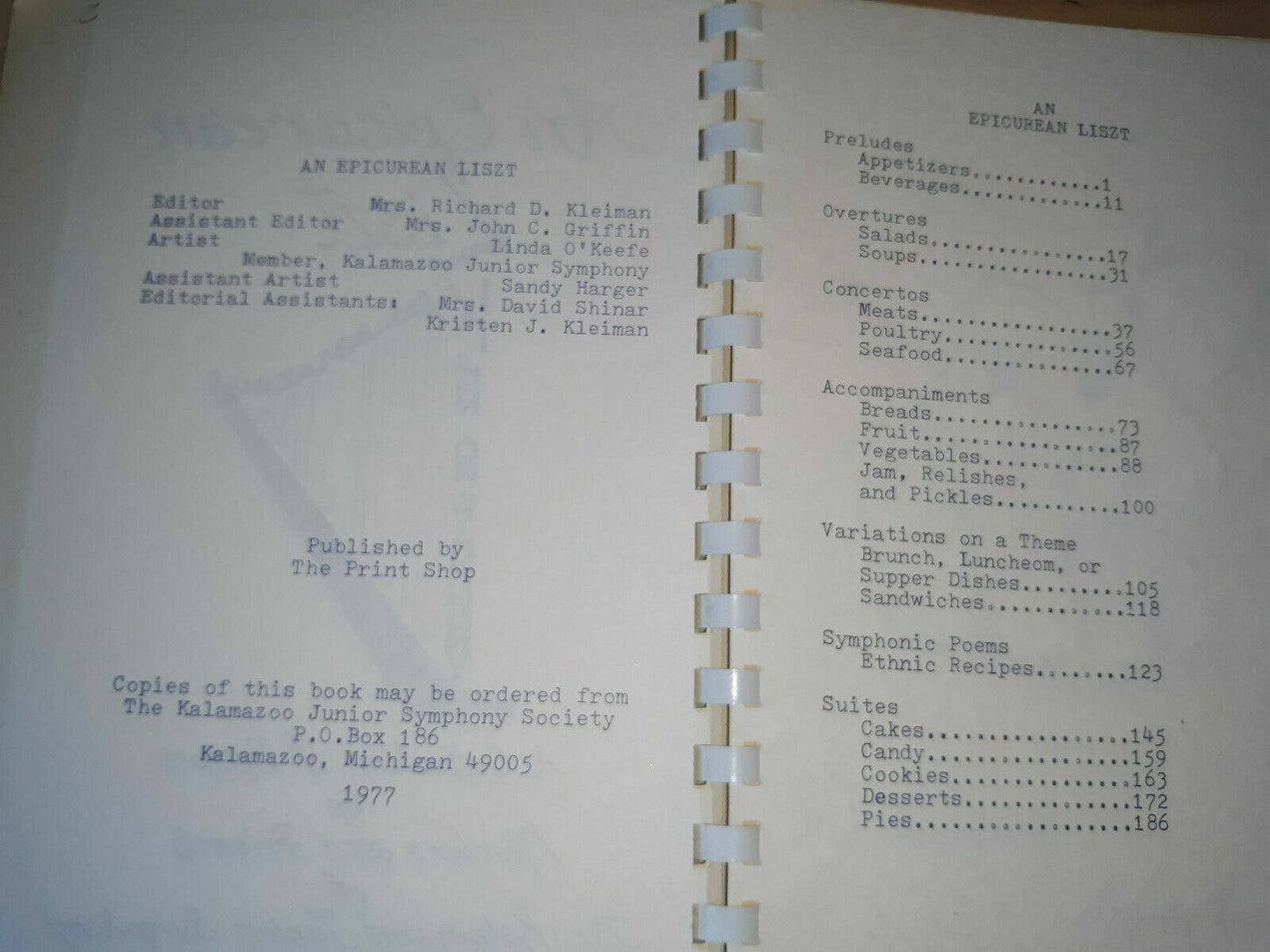 1977 An Epicurean Liszt The Kalamazoo Junior Symphony Cookbook