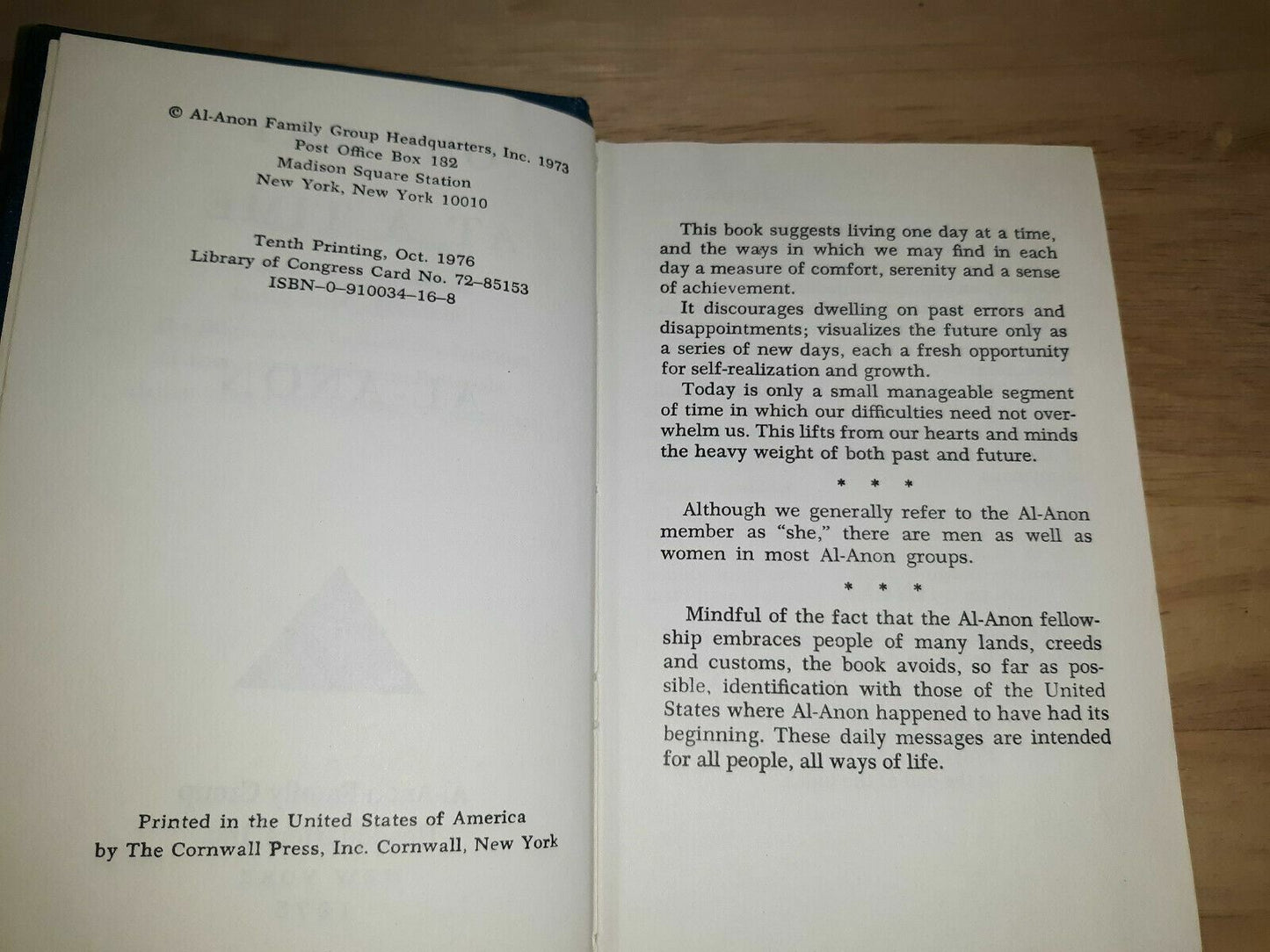 One Day AT A Time in Al-Anon Hardcover 1976 10th Printing