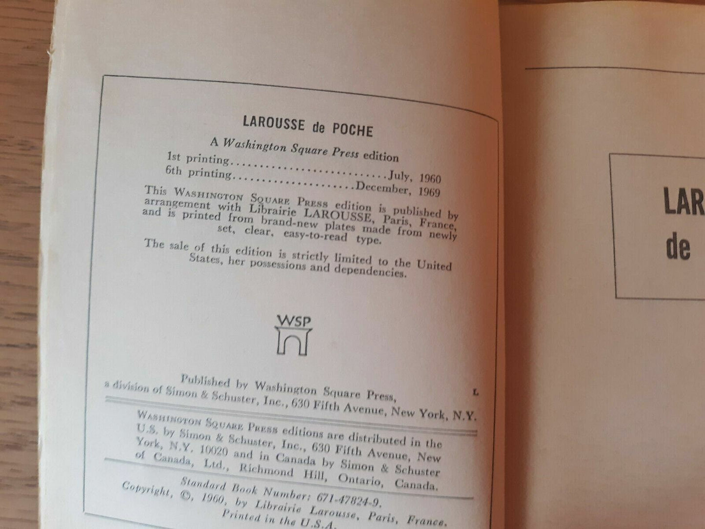 Larousse de Poche French Dictionary 1969 Washington Square Press