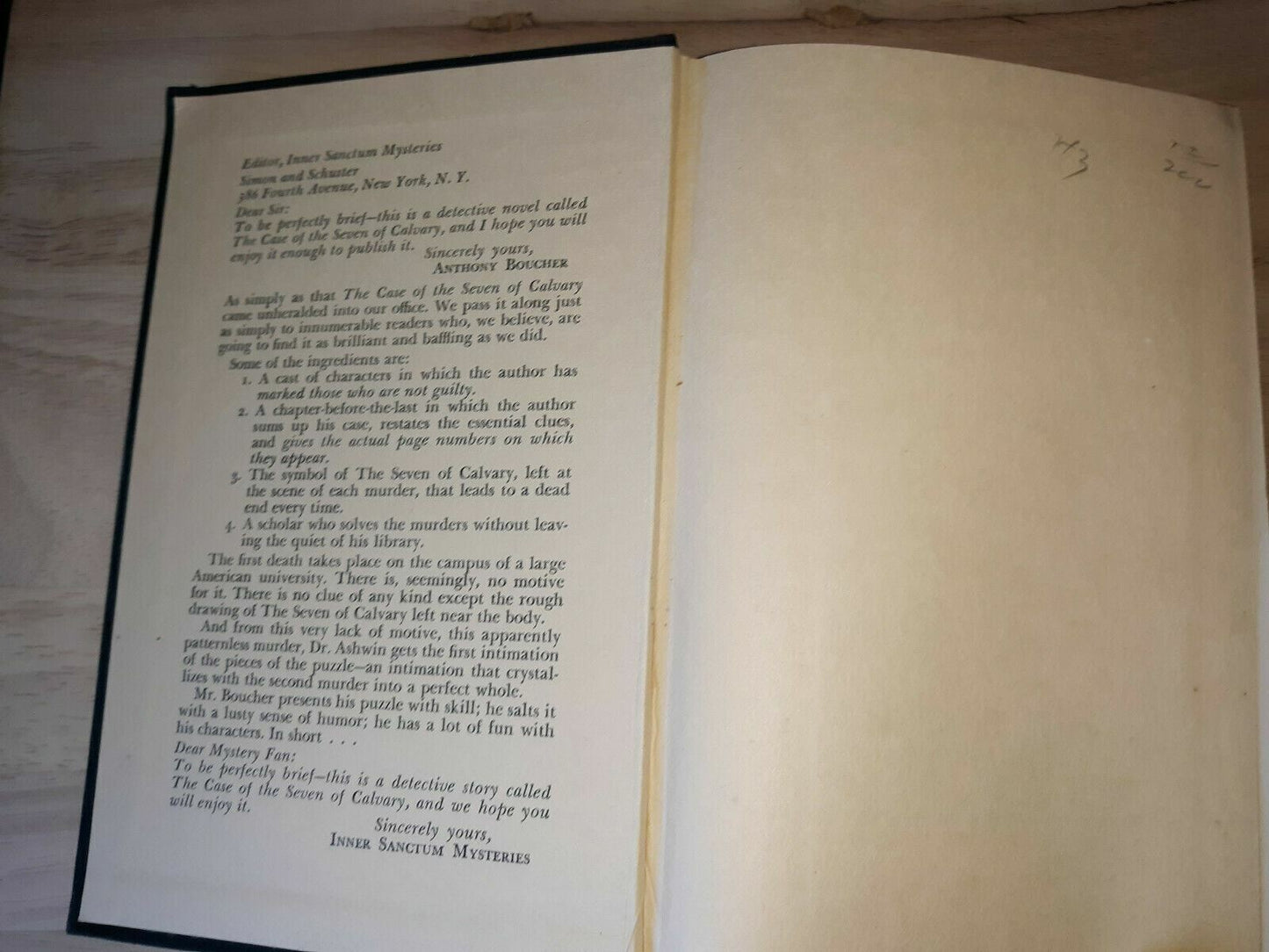 Anthony BOUCHER / The Case of the Seven of Calvary First Edition 1937