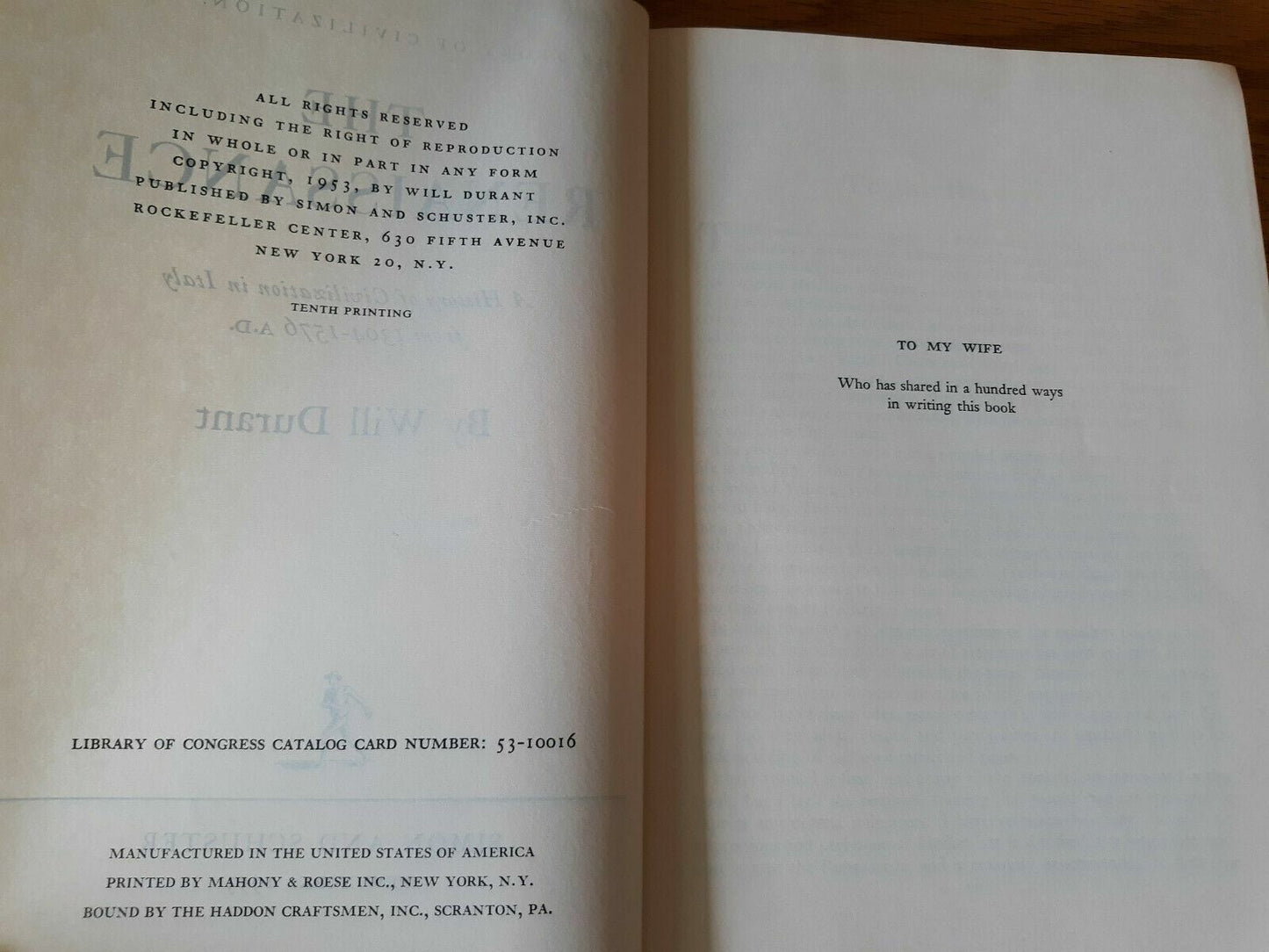 1953 ~ Will Durant ~ The Story Of Civilization V The Renaissance 10th Print
