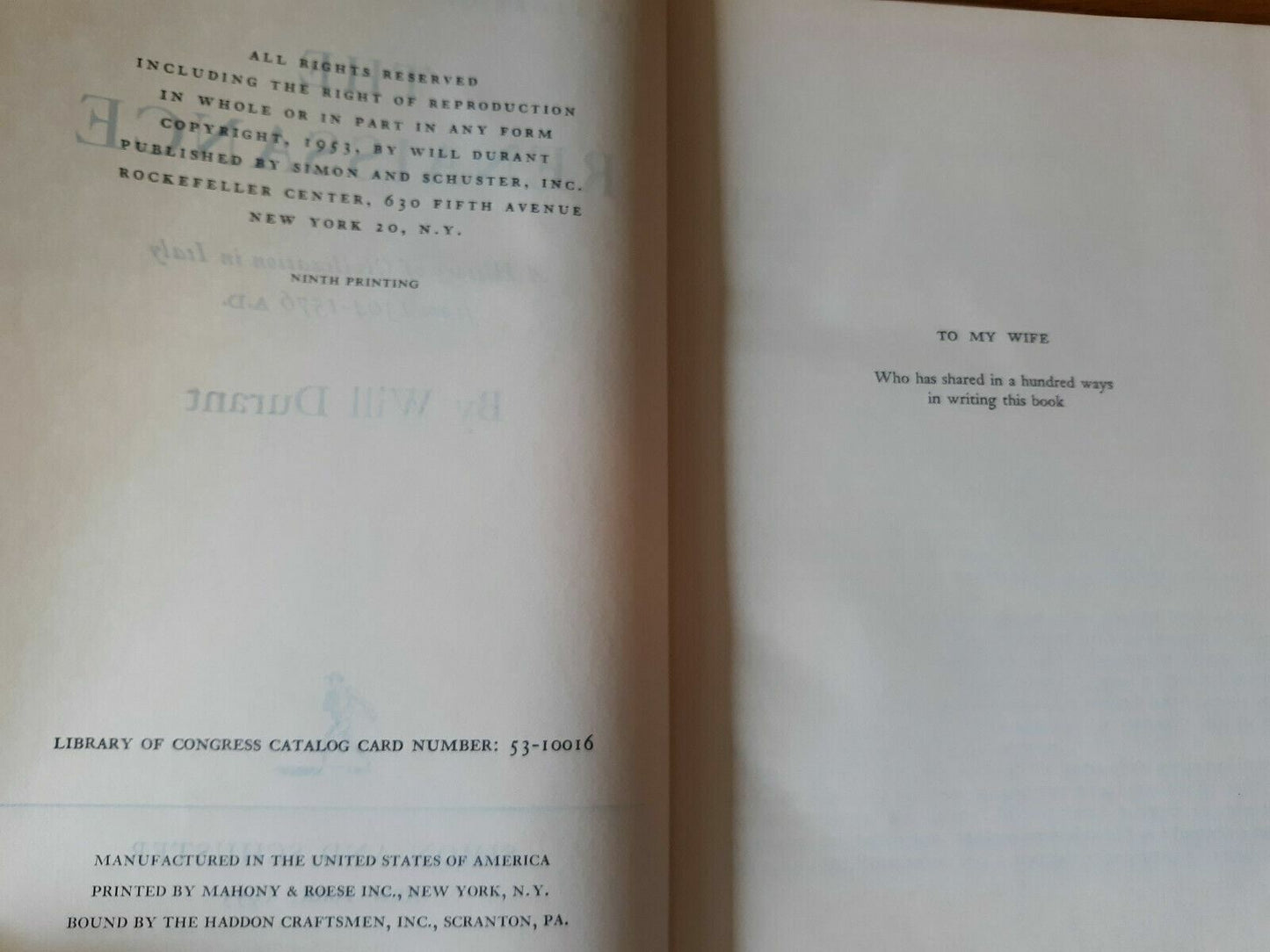 1953 ~ Will Durant ~ The Story Of Civilization V The Renaissance 9th Print