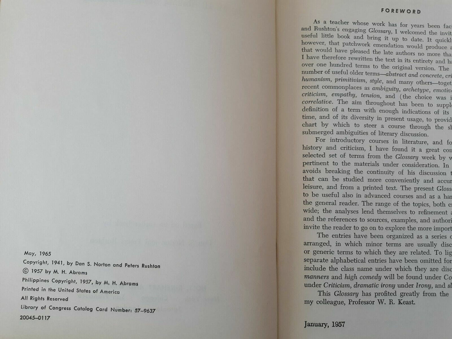 A Glossary of Literary Terms by M H Abrams 1965 Paperback