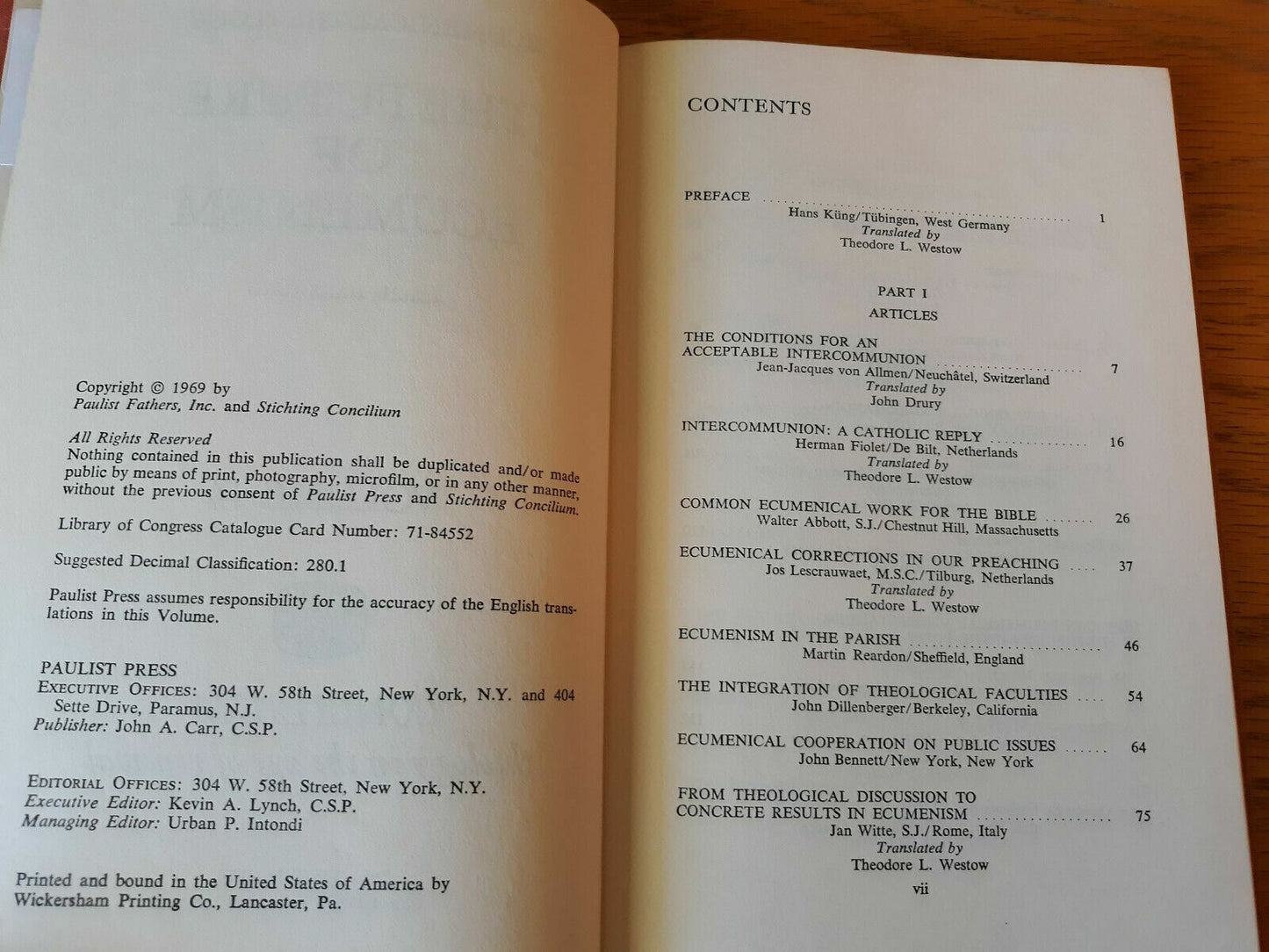 The Future Of Ecumenism Ecumenical Theology Vol 44 1969 Hardcover Hans Kung