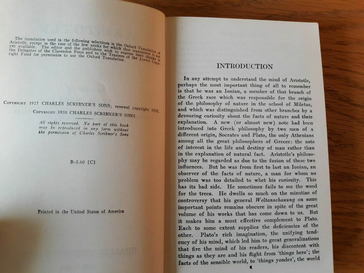 Aristotle: Selections by W.D. Ross 1955 Charles Scribner's Sons Paperback
