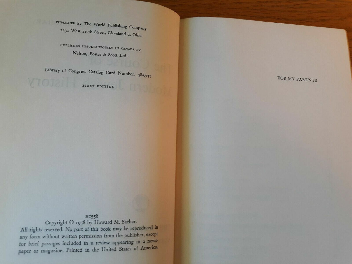 The Course of Modern Jewish History by Howard Sachar 1958 First Edition