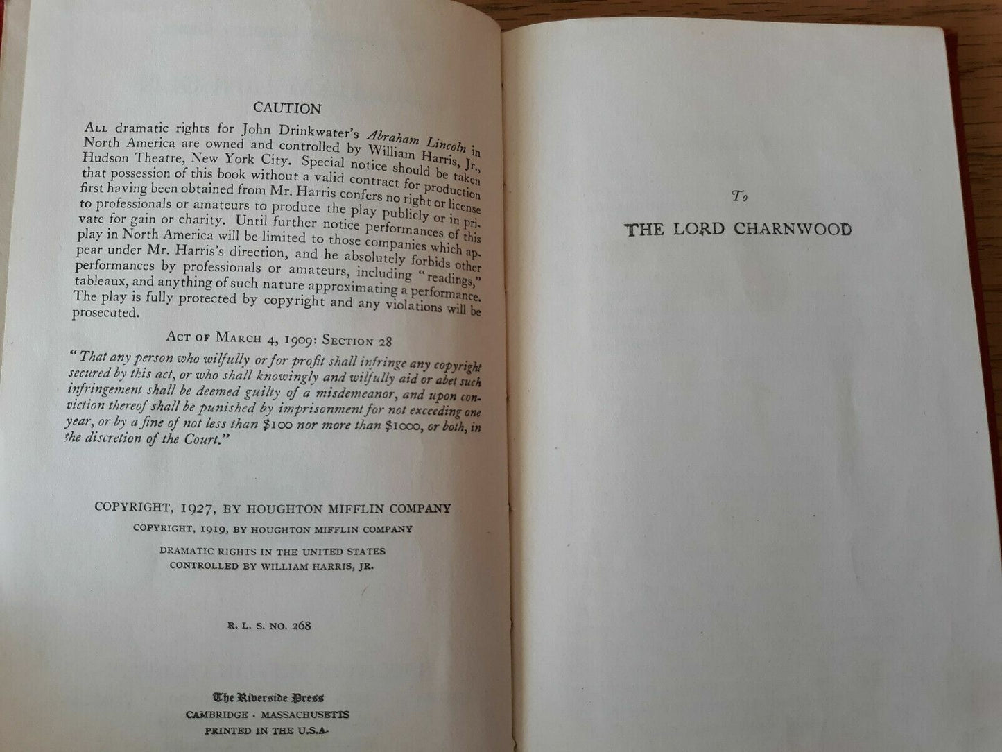 Abraham Lincoln A Play by John Drinkwater 1927 Hardcover Riverside Literature Se