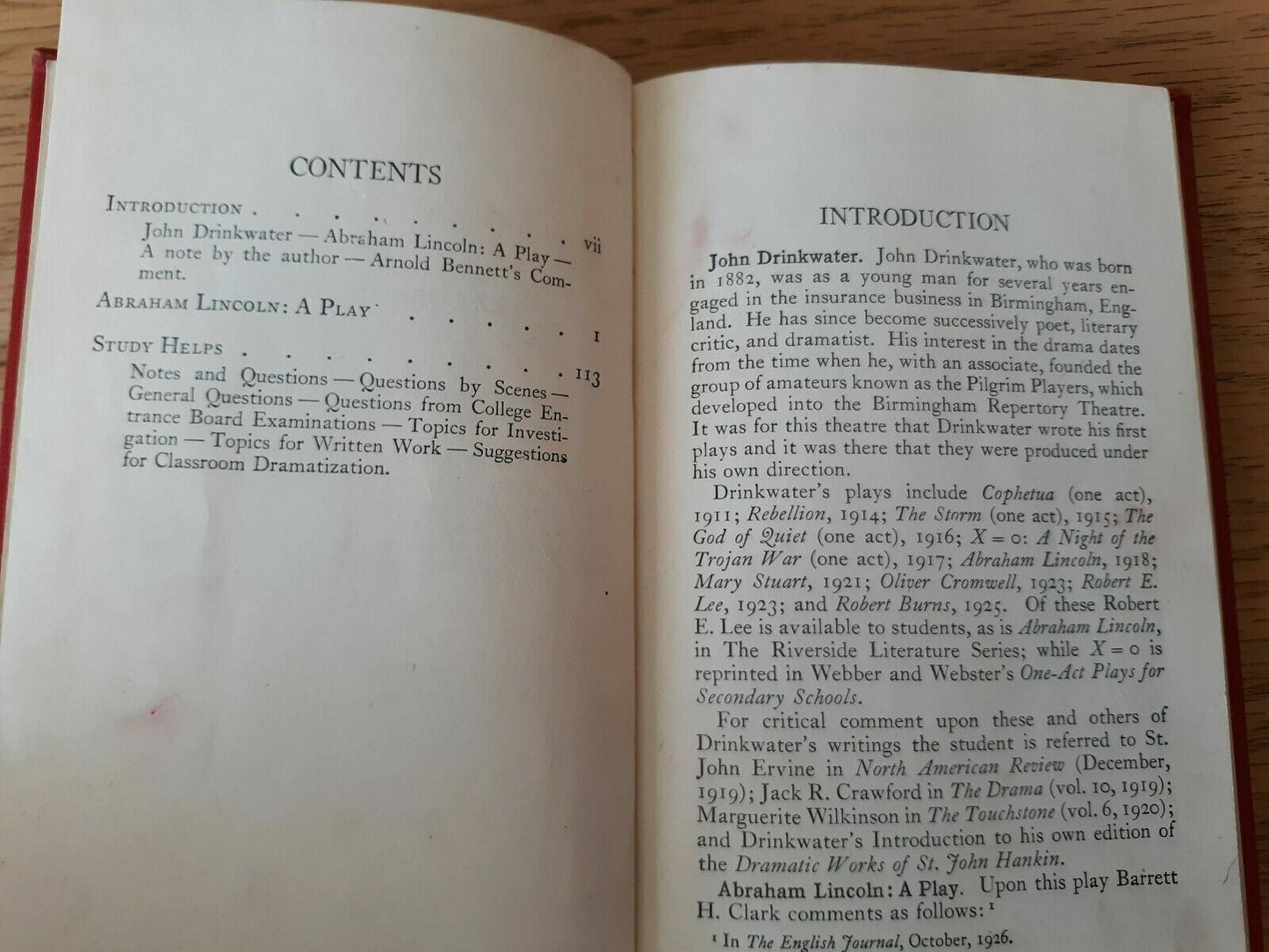 Abraham Lincoln A Play by John Drinkwater 1927 Hardcover Riverside Literature Se