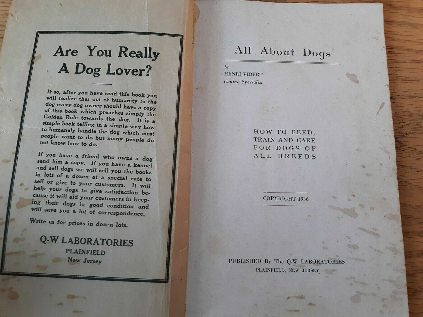 All About Dogs by Henri Vibert, How to Feed, Train and Care for all Breeds 1936