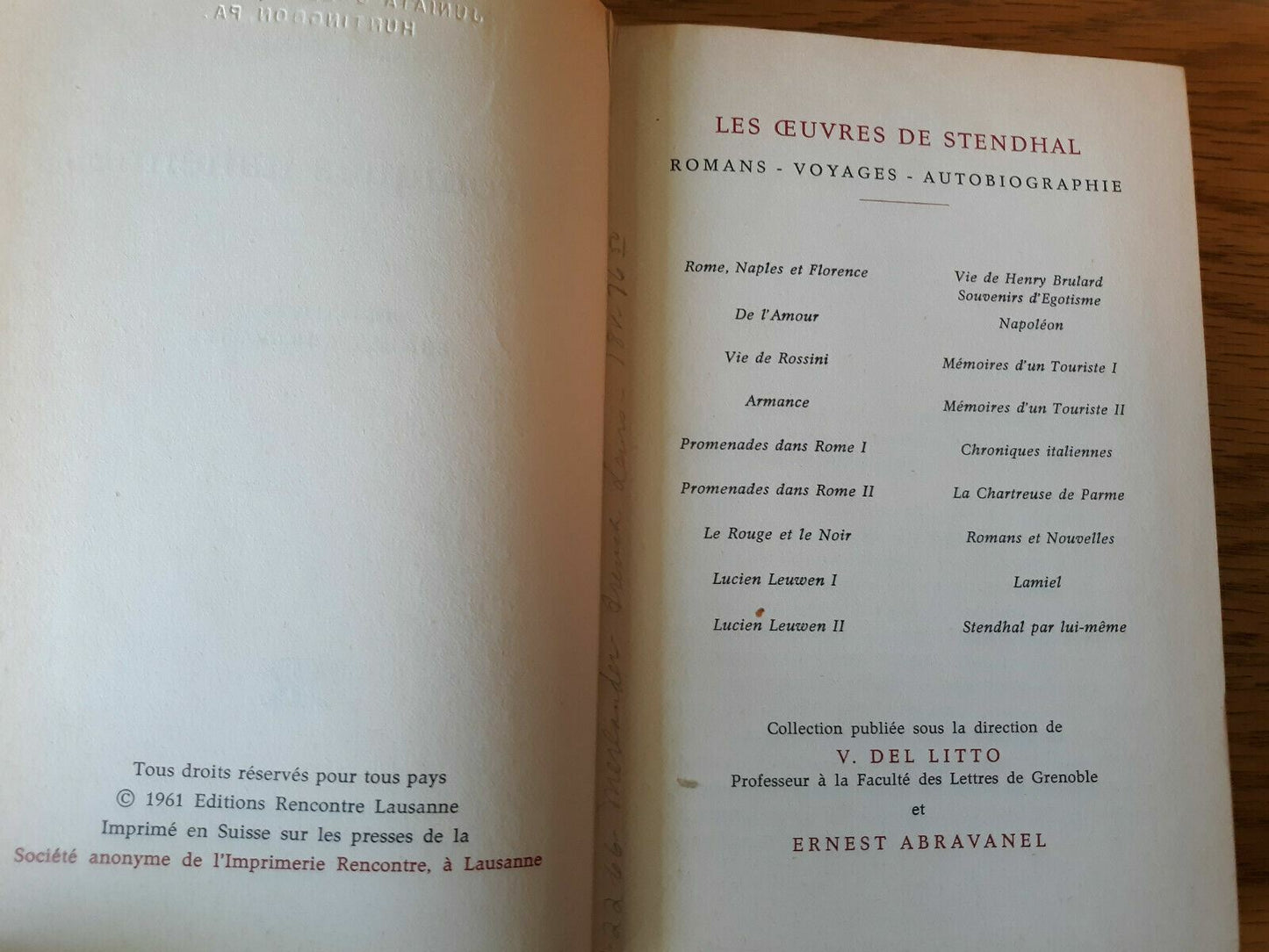 Stendhal Editions Rencontre 1961 French Hardcover Chroniques italiennes