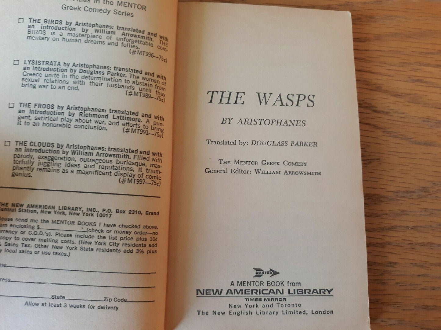 The Wasps Aristophanes 1970 New American Library Paperback