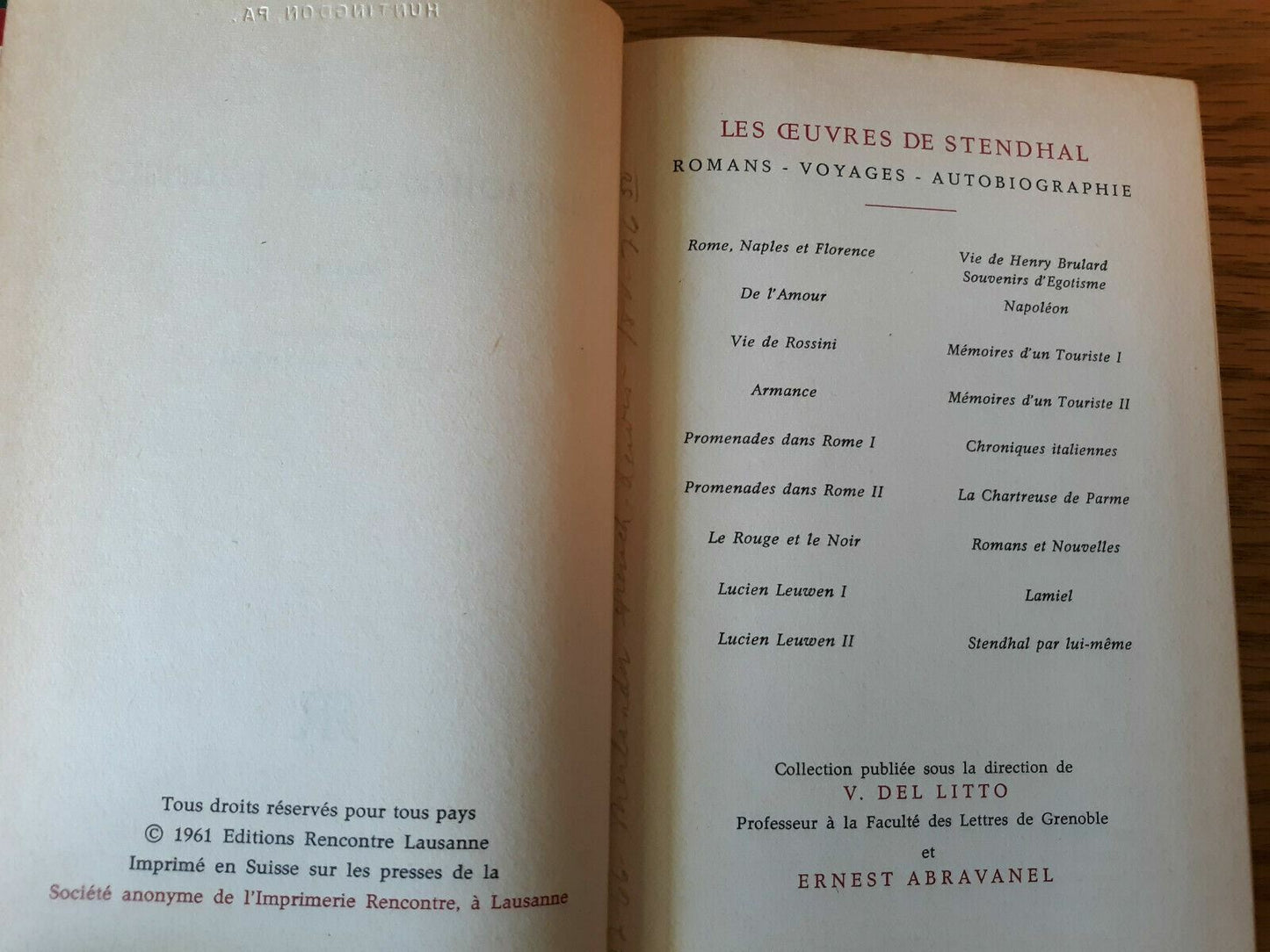 Stendhal Editions Rencontre 1961 French Hardcover Memoires d'un Touriste Tome I