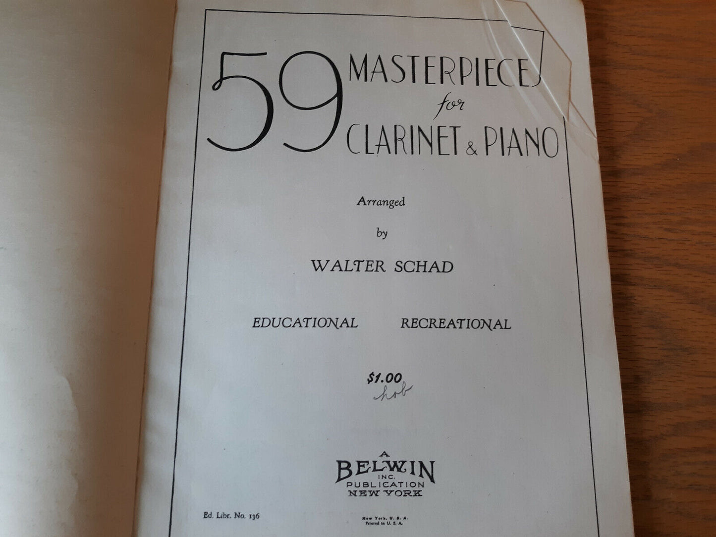 59 Masterpieces For Clarinet & Piano Walter Schad 1943 Paperback Music Belwin