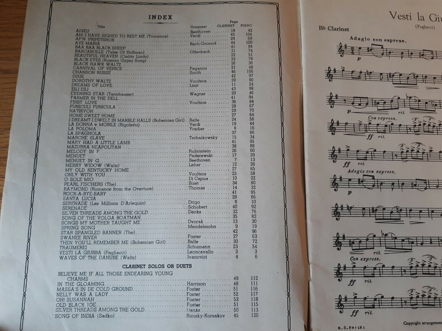 59 Masterpieces For Clarinet & Piano Walter Schad 1943 Paperback Music