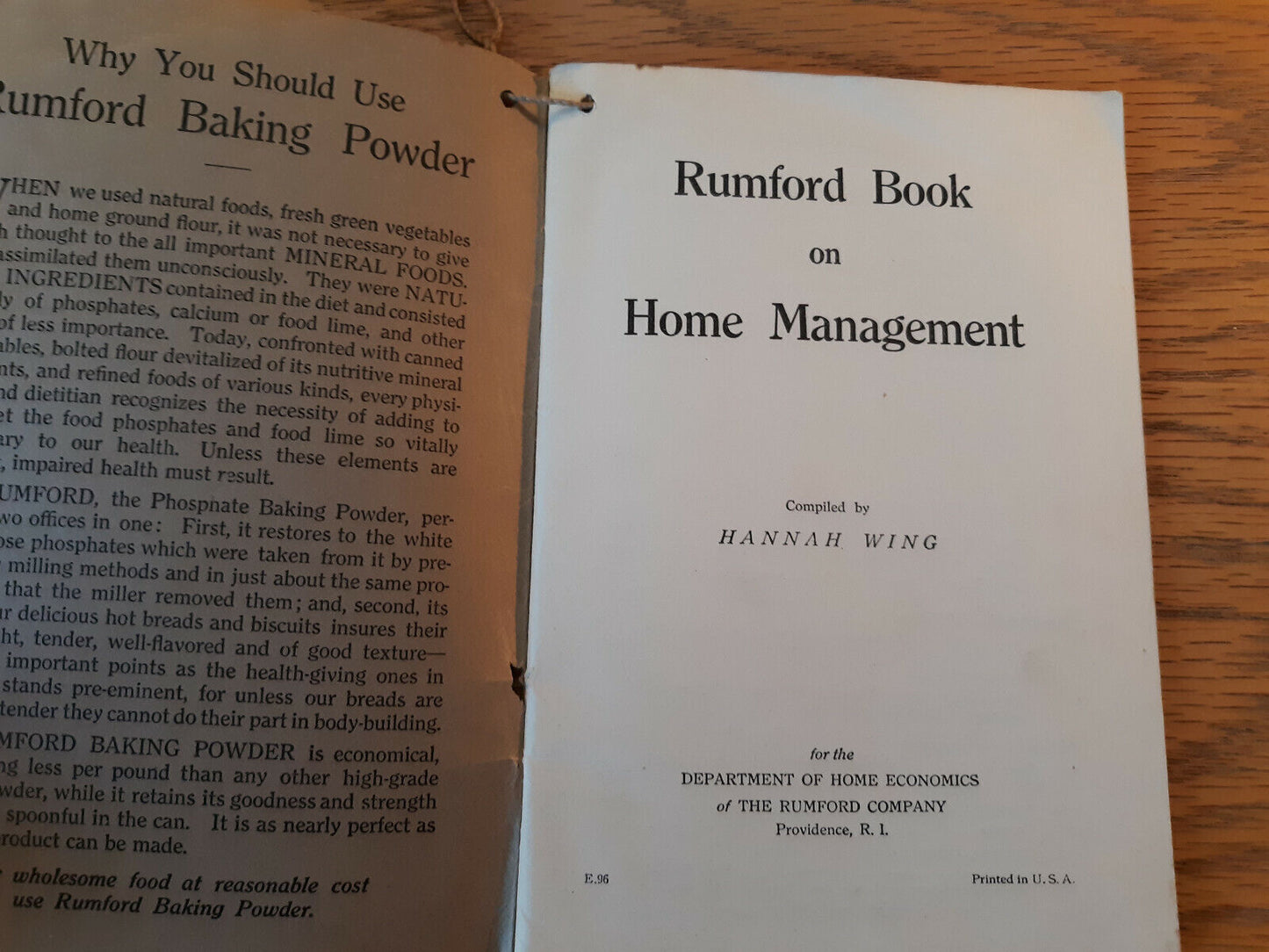 Rumford Baking Powder Book on Home Management Compiled by Hannah Wing