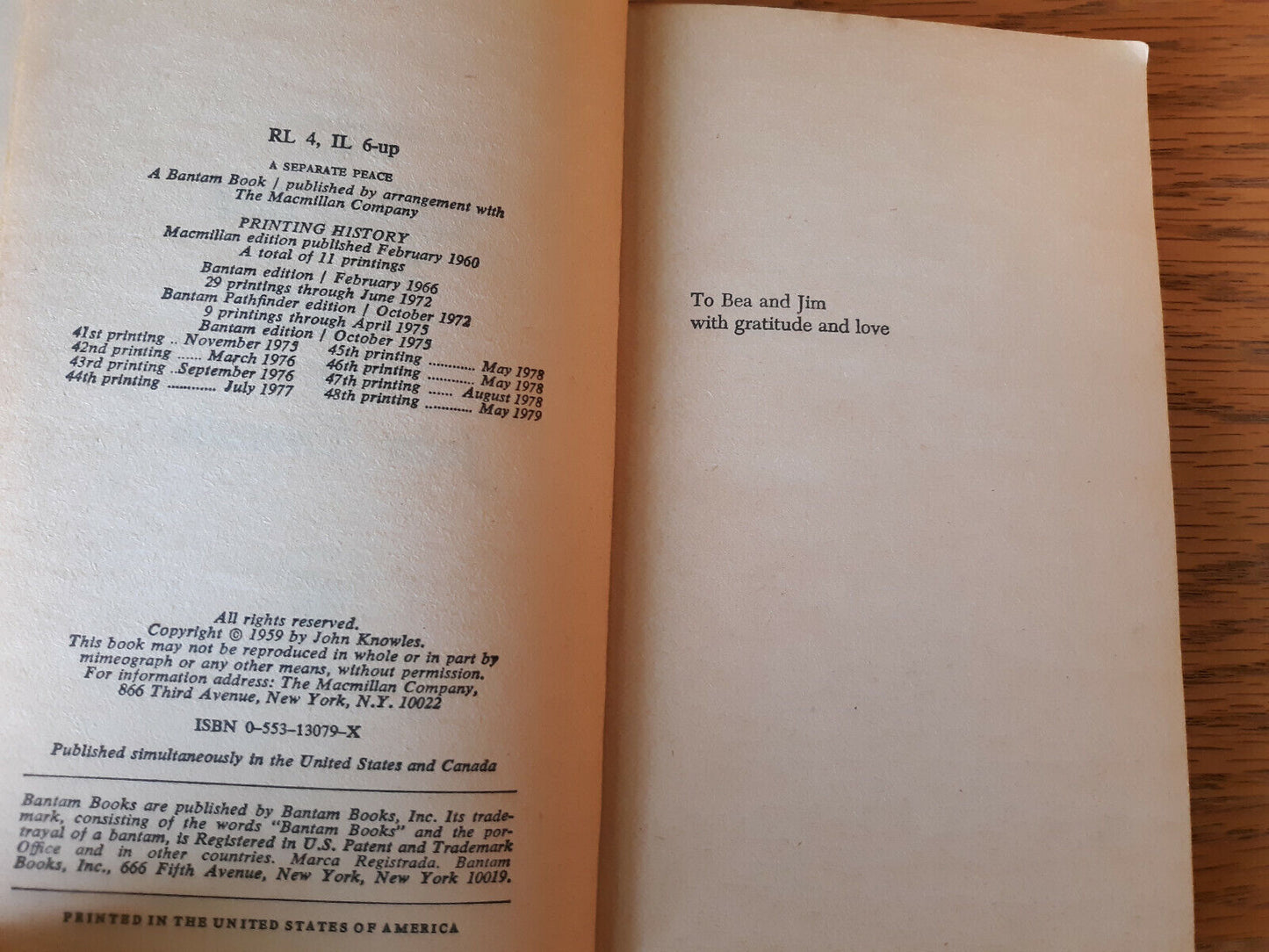 A Separate Peace John Knowles 1979 Bantam Books Paperback