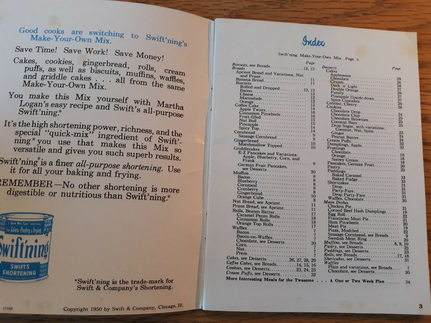 77 Recipes Using Swiftning 1950 Cookbook Cook Book Swift Martha Logan Booklet
