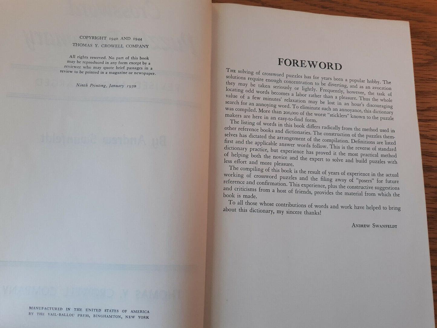 Crossword Puzzle Dictionary Andrew Swanfeldt 1950 Hardcover Thomas Y Crowell