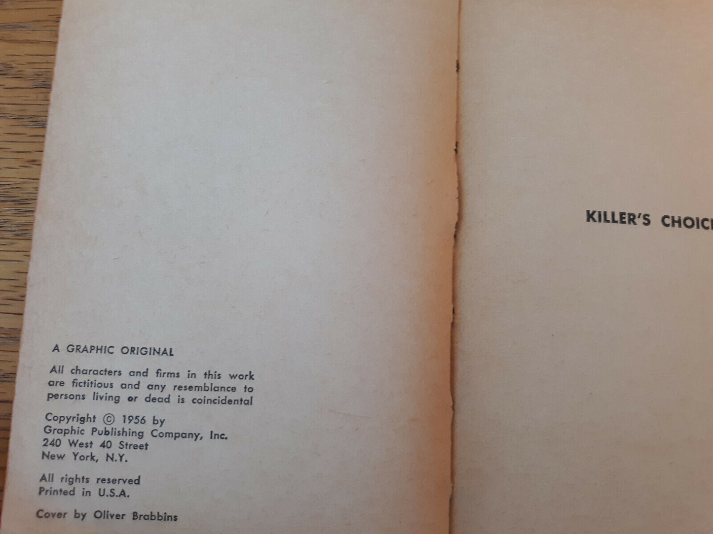 Killer’s Choice Stuart Brock 1956 Graphic Books Paperback