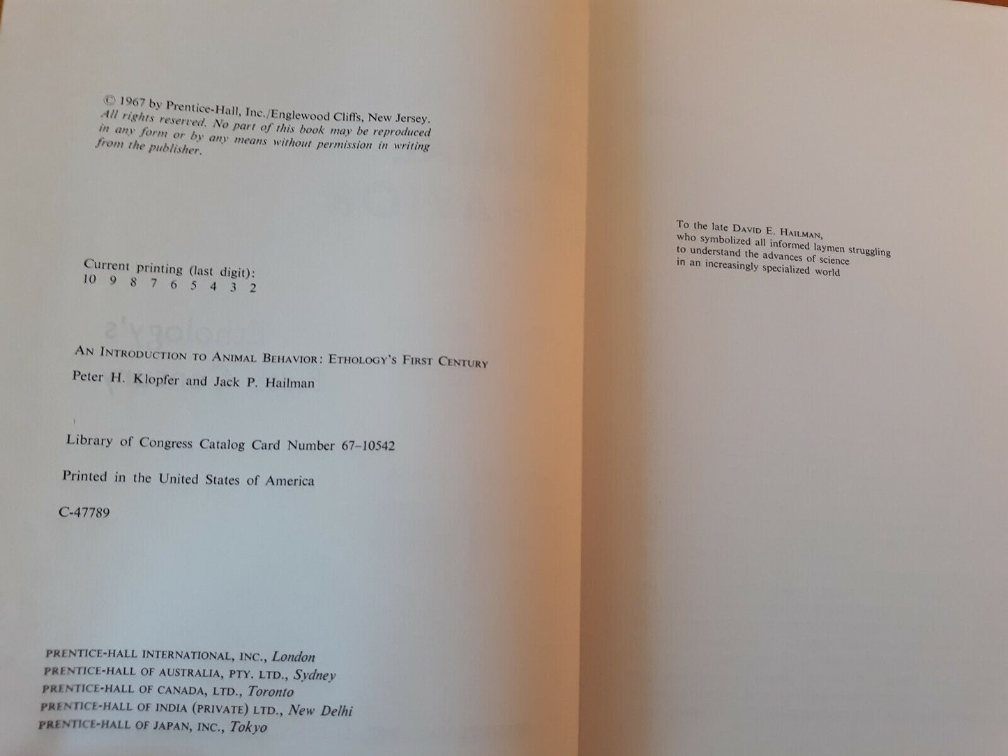 An Introduction To Animal Behavior Peter H Klopfer 1967 Hardcover Prentice Hall