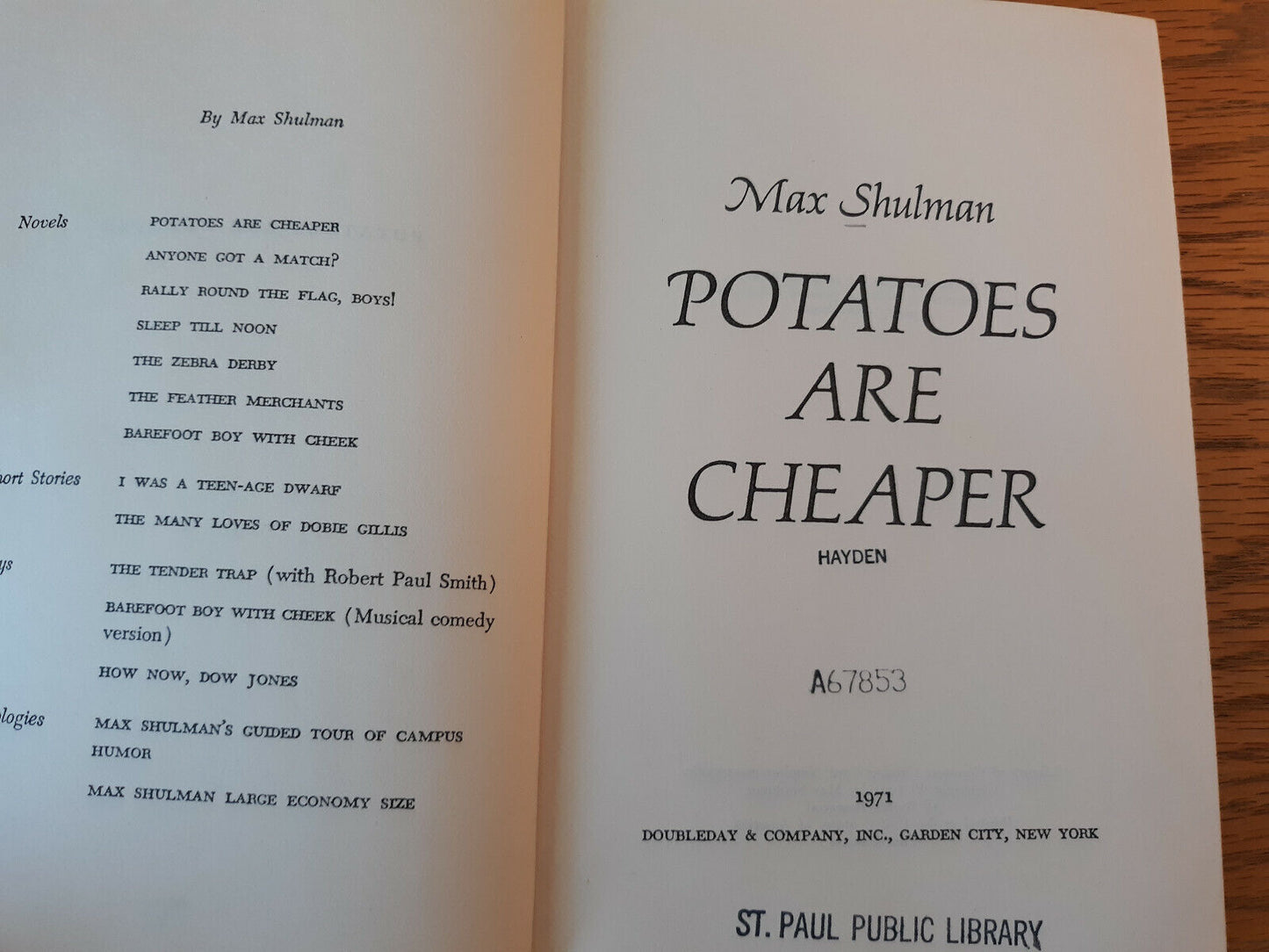 Potatoes Are Cheaper Max Shulman 1971 1st Edition Hardcover Dust Jacket Doubleda