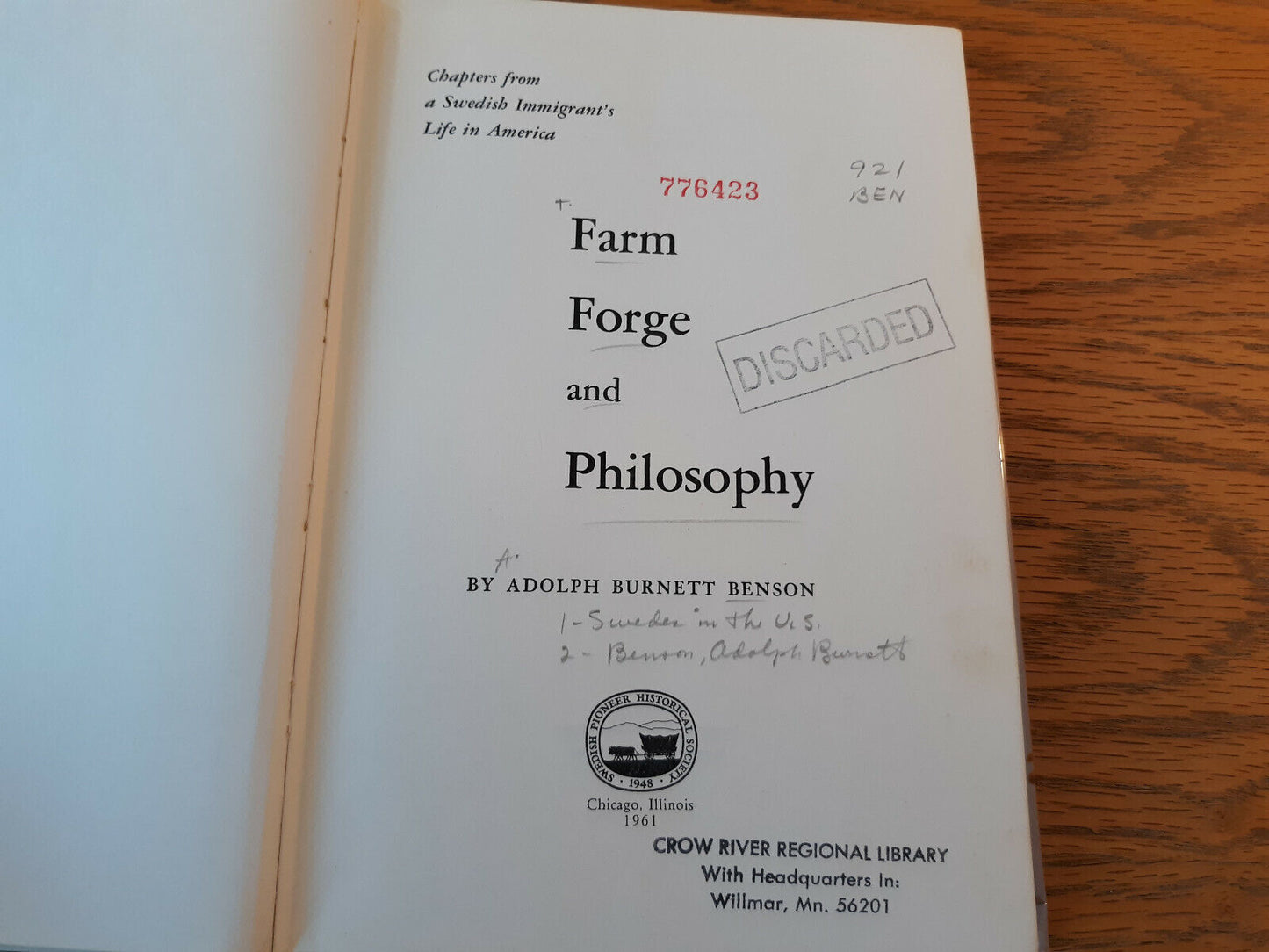 Farm Forge And Philosophy Adolph Burnett Benson 1961 Hardcover Dust Jacket Augsb