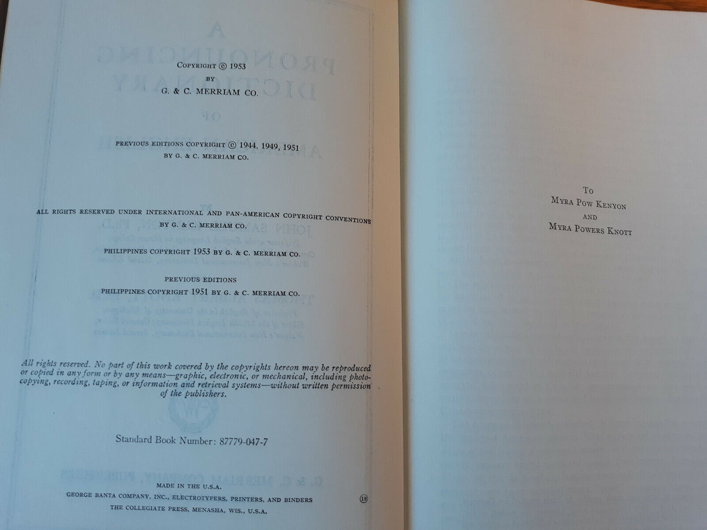 A Pronouncing Dictionary Of American English 1953 John Samuel Kenyon Hardcover