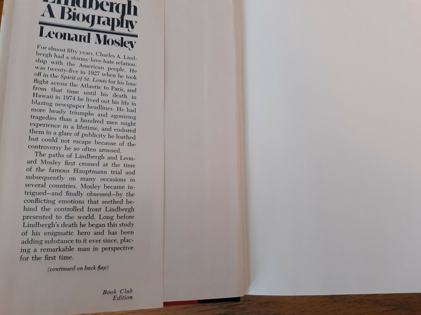 Leonard Mosley Lindbergh 1976 Book Club Edition Biography Hardcover Dust Jacket