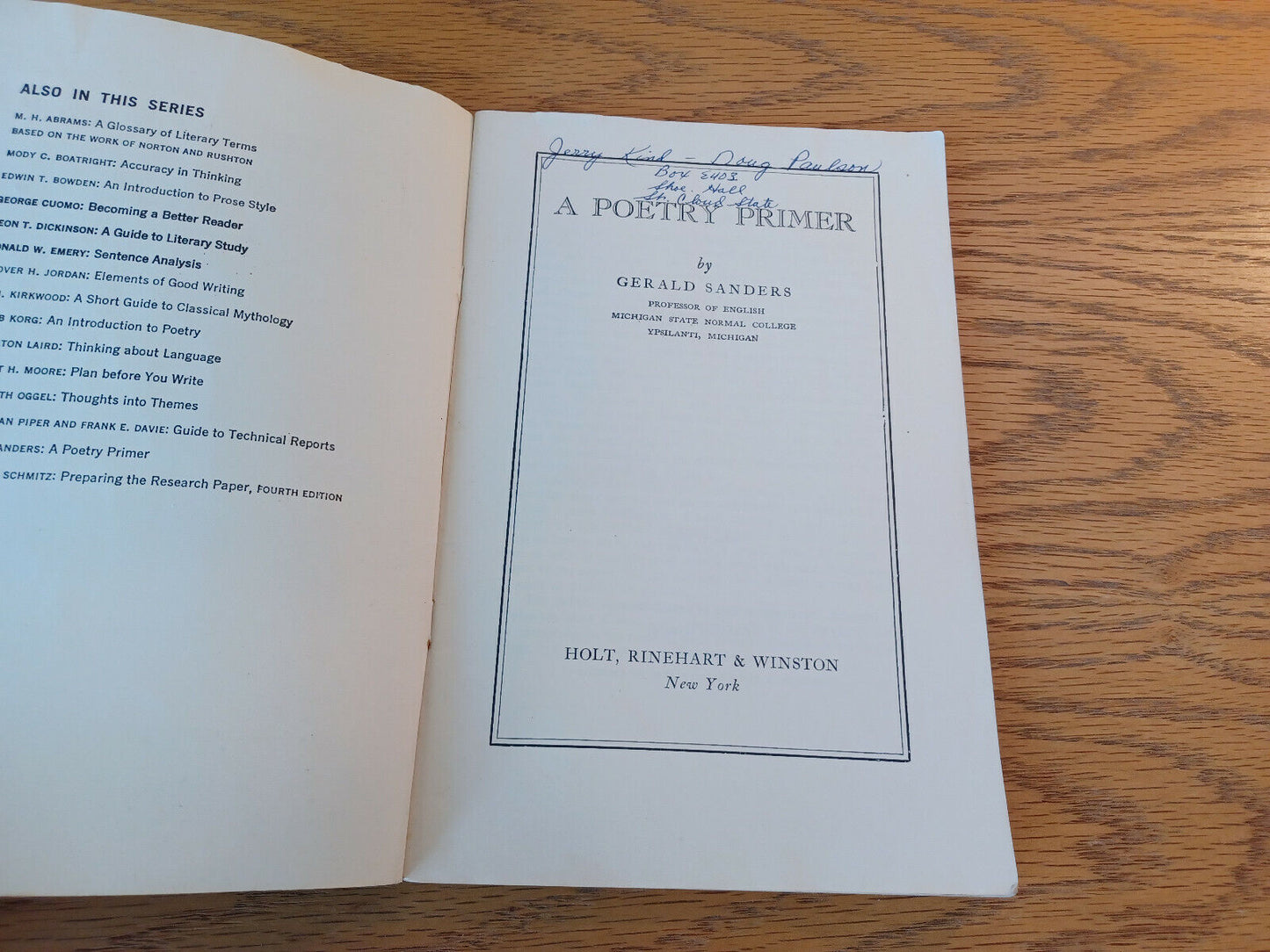 A Poetry Primer Gerald Sanders 1962 Holt, Rinehart & Winston Softcover Paperback