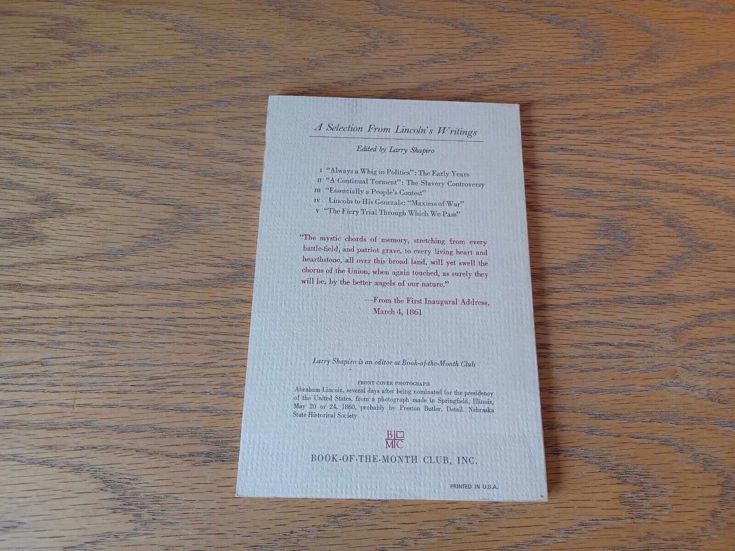 Abraham Lincoln Mystic Chords Of Memory 1984 Book Of The Month Club Paperback