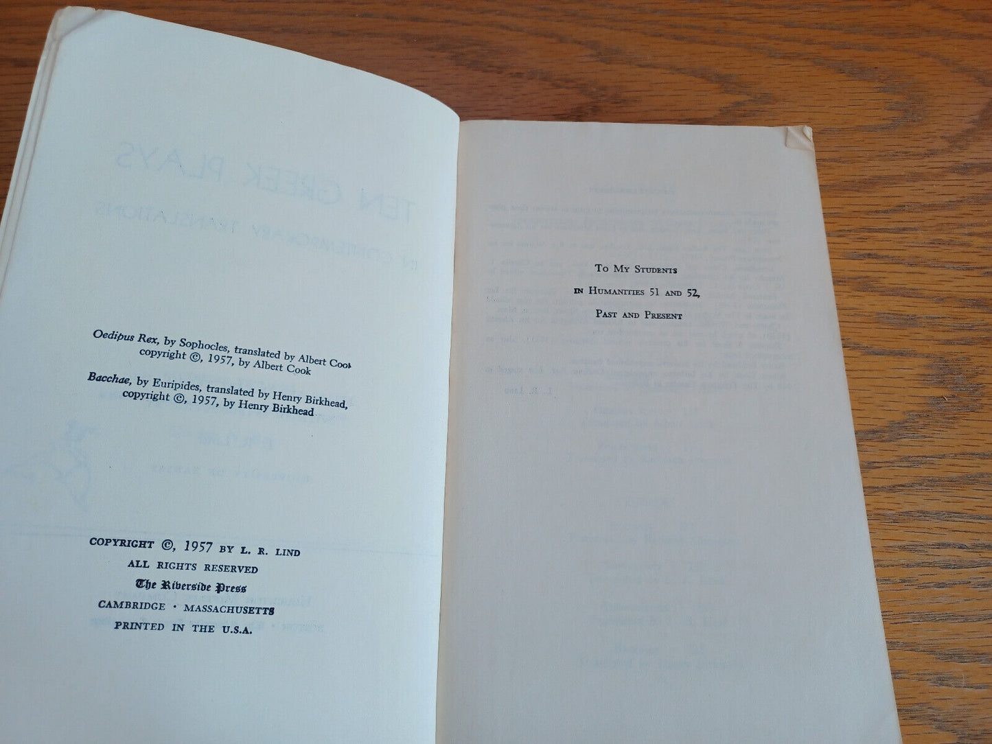 Ten Greek Plays in Contemporary Translations L R Lind 1957 Paperback Houghton Mi