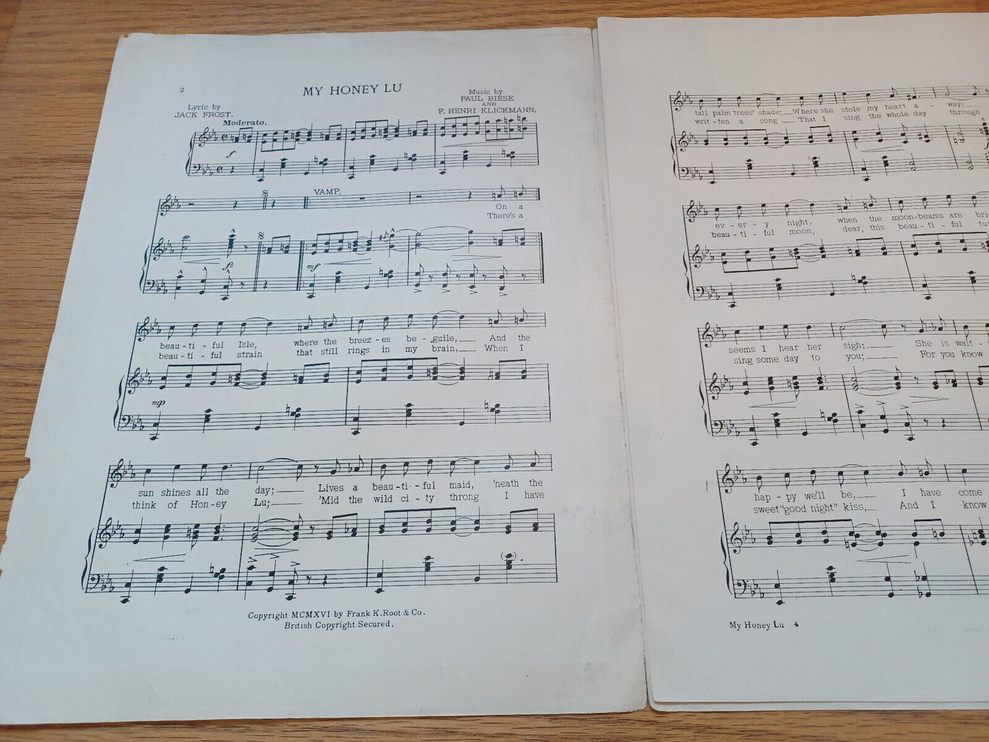 My Honey Lu Jack Frost Paul Biese F Henri Klickmann 1916 Mckinley Music