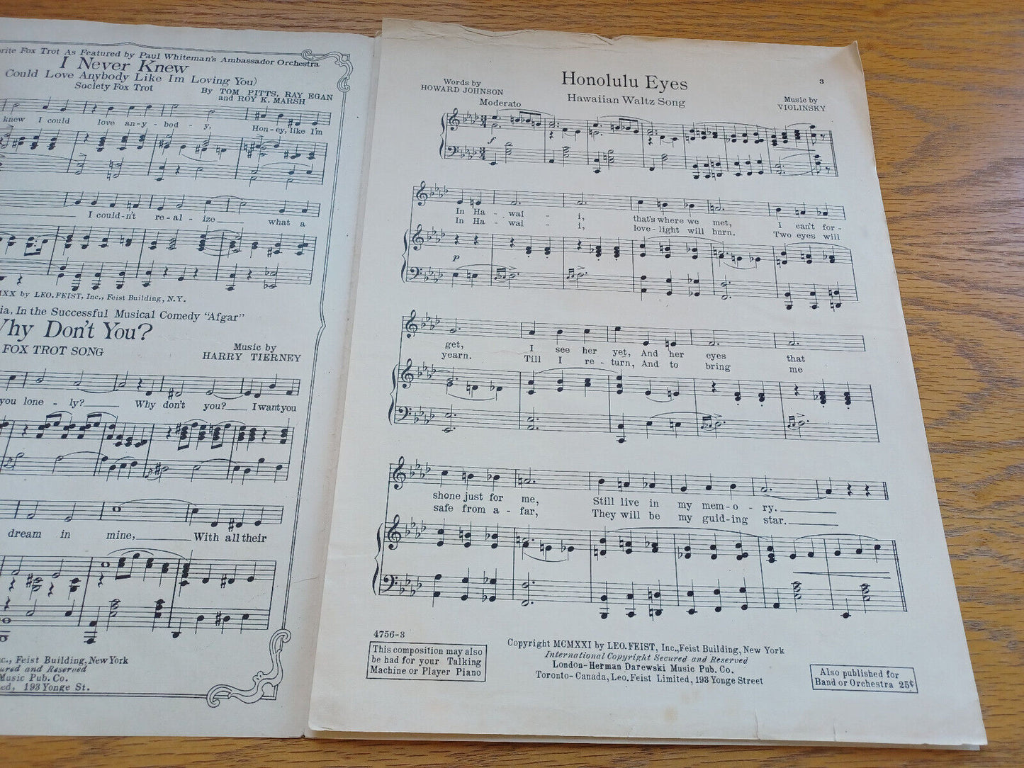 Honolulu Eyes Howard Johnson Violinsky 1921 Leo Feist
