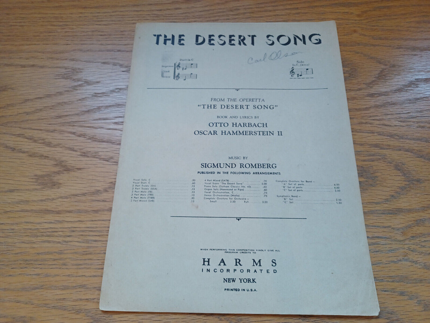 The Desert Song Sigmund Romberg 1926 Harms