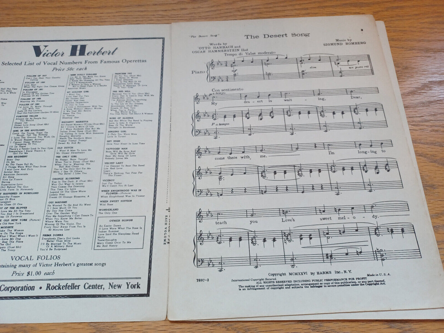 The Desert Song Sigmund Romberg 1926 Harms