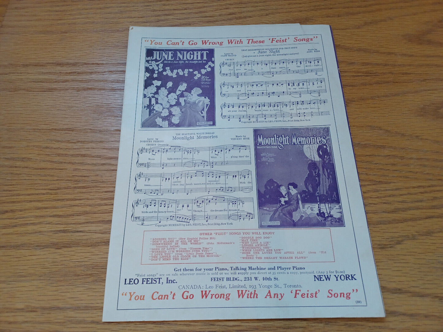 Dear One Joe Burke Cy Richardson Mark Fisher 1924 Leo Feist