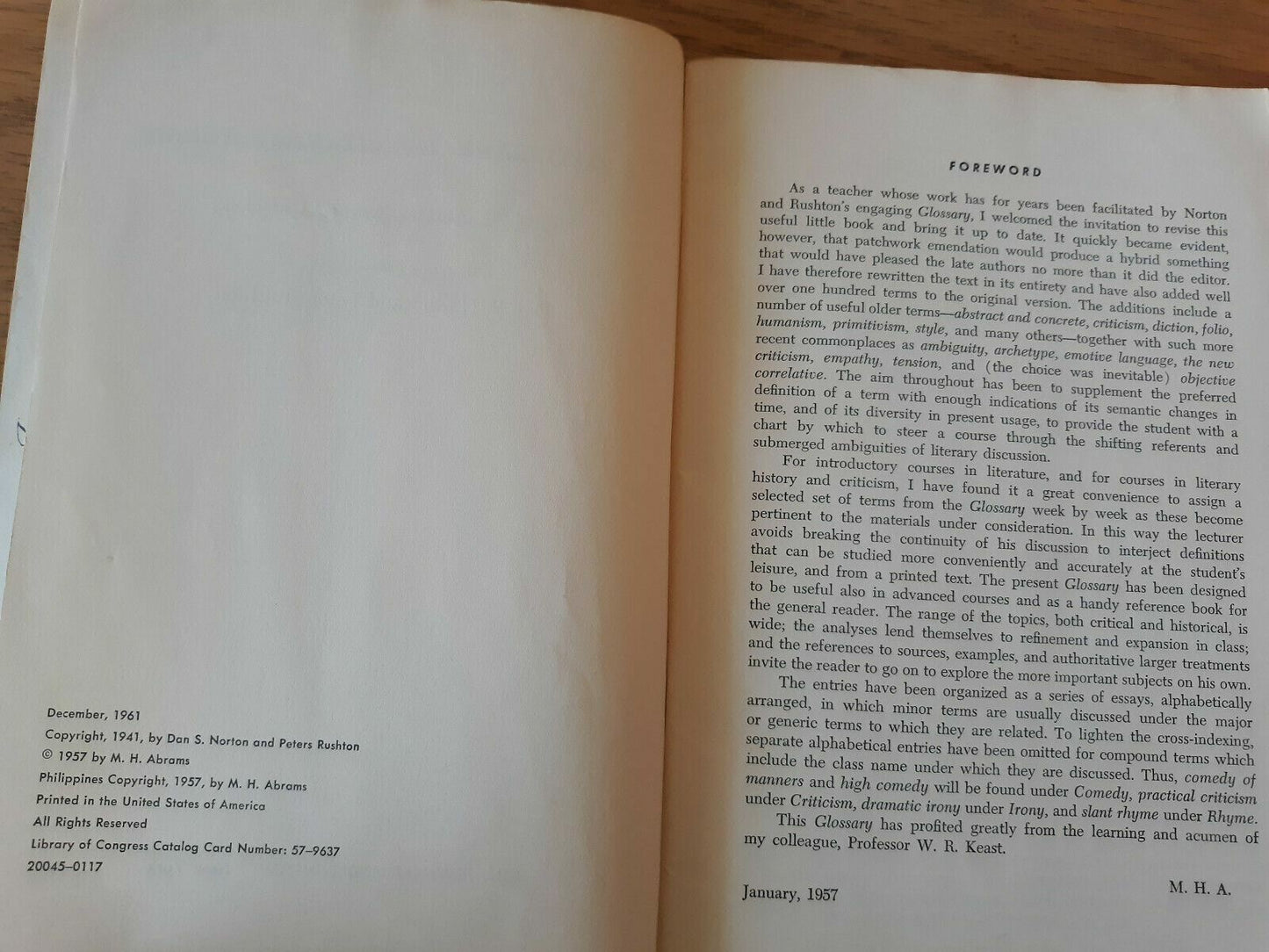 A Glossary of Literary Terms, Revised by M. H. Abrams 1961 Paperback