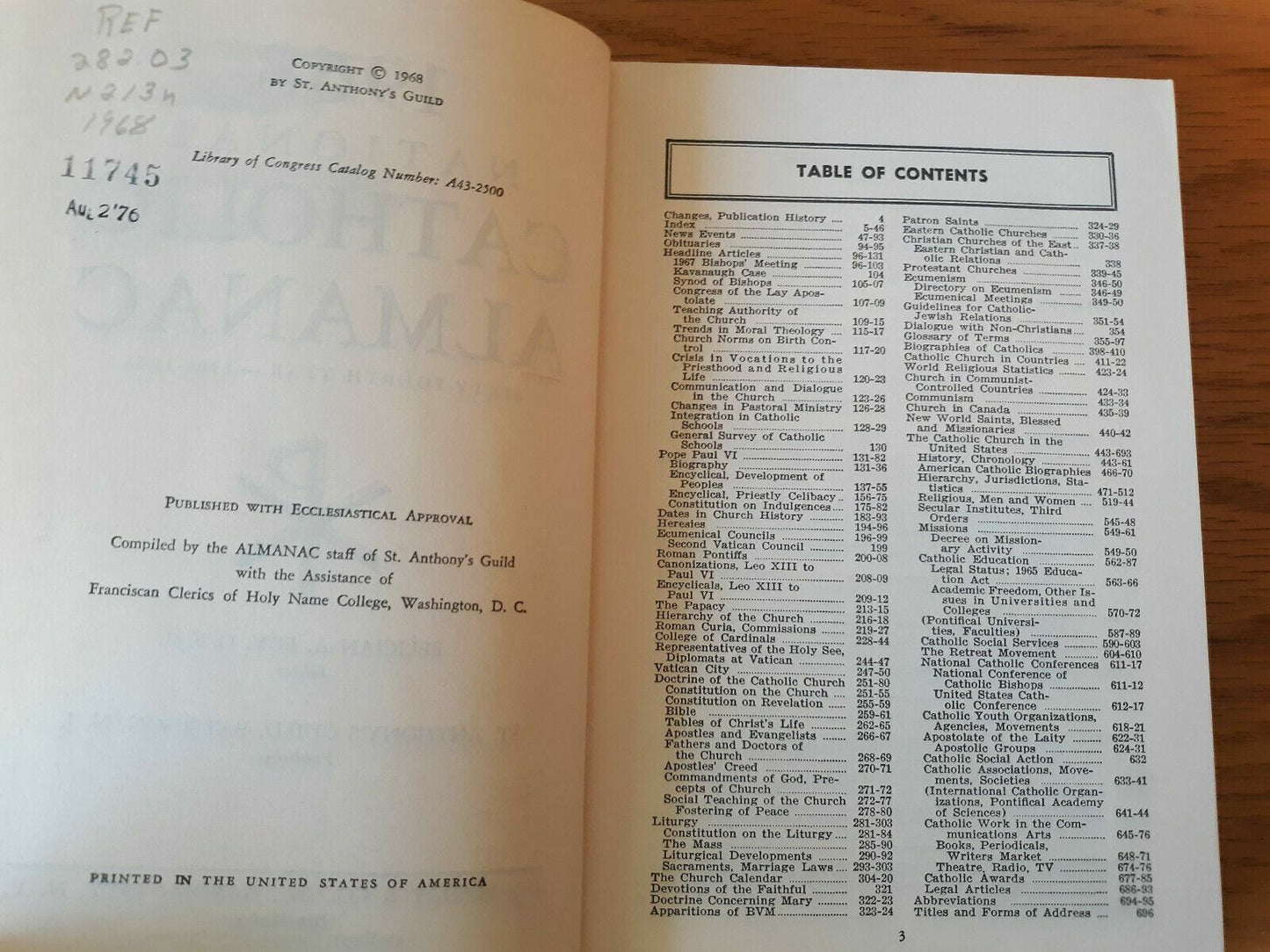 1968 National Catholic Almanac by Felician A. Foy (editor) Hardcover