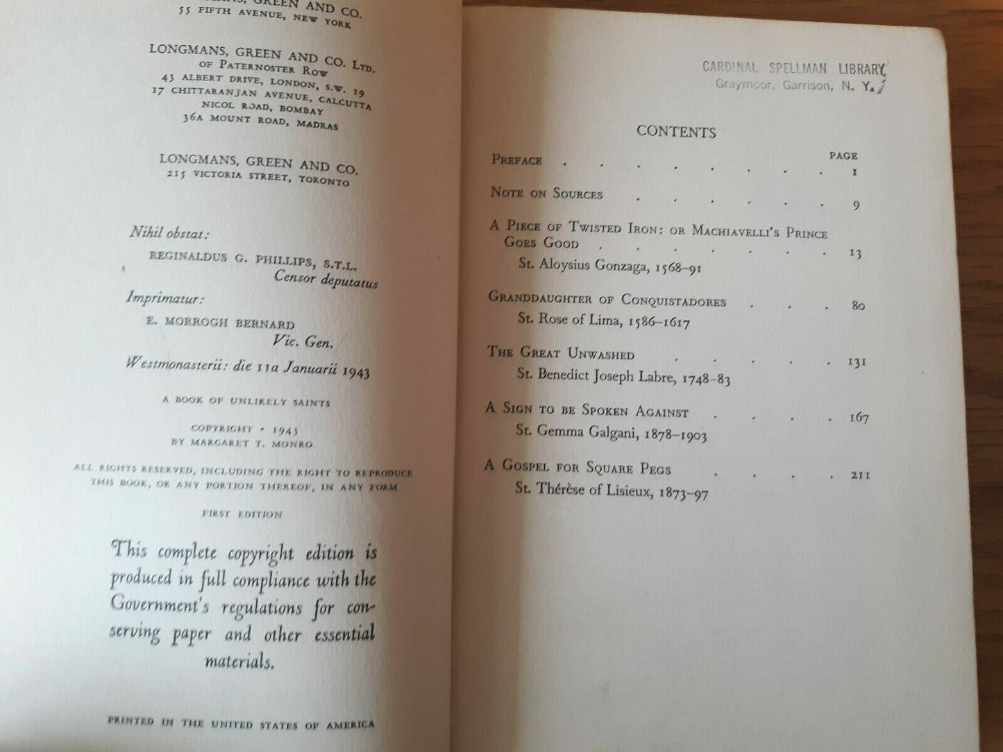 A Book of Unlikely Saints Hardcover 1943 by Margaret T. Monro 1st Edition