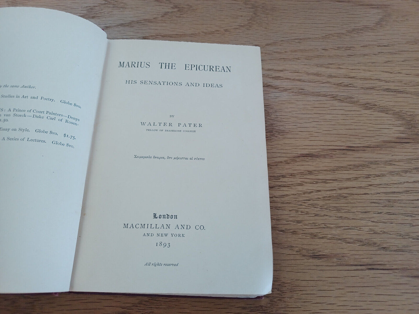 Marius The Epicurean His Sensations And Ideas By Walter Pater 1893