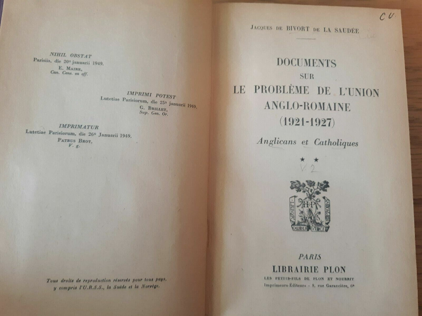 Documents sur le probleme de l'union anglo-romaine 1921-1927 1949 Jacques de Bi