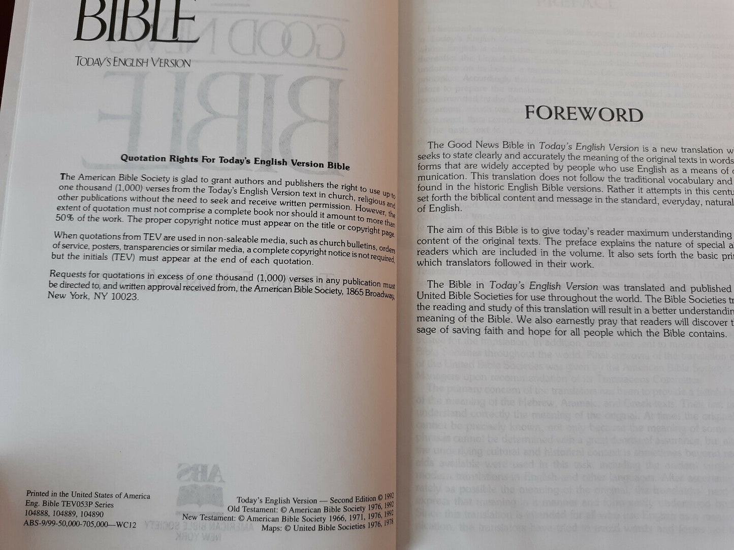Good News Bible Todays English Version 1992 American Bible Society Hardcover 2nd
