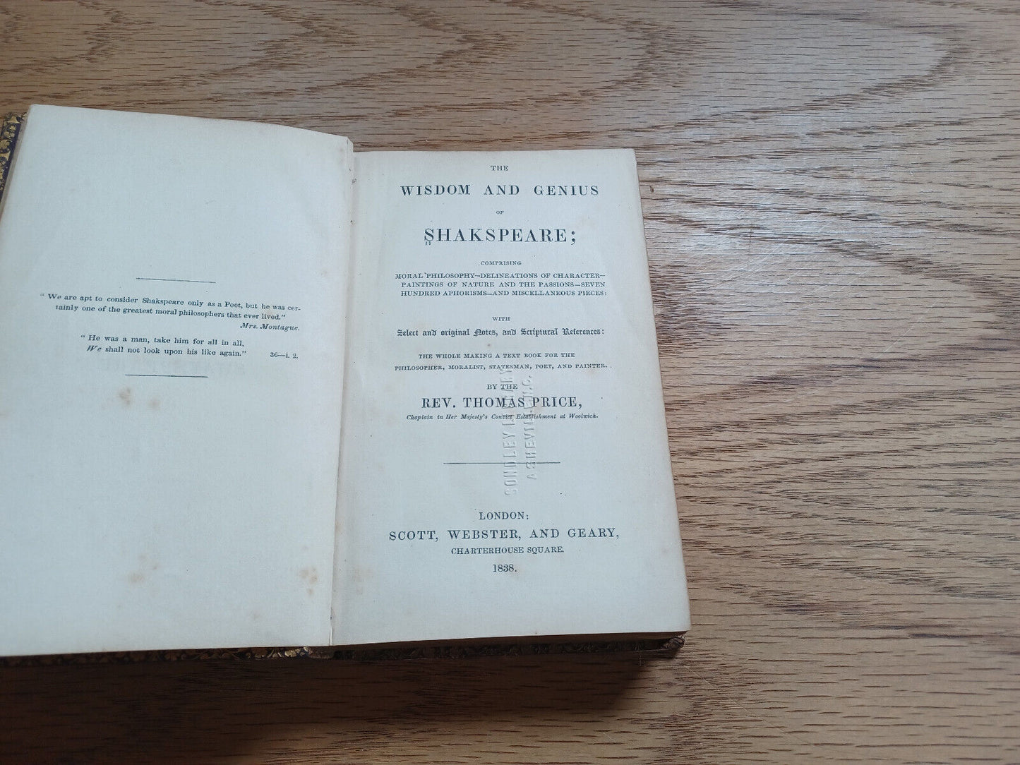 The Wisdom And Genius Of Shakspeare 1838 Thomas Price