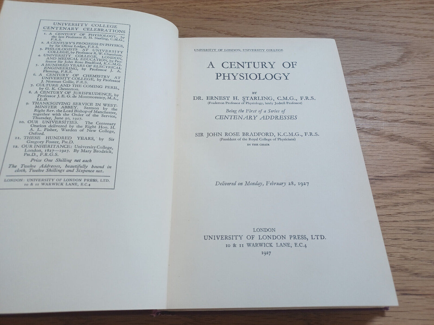 Centenary Addresses Bound Together In One Volume 1927 Ernest H Starling