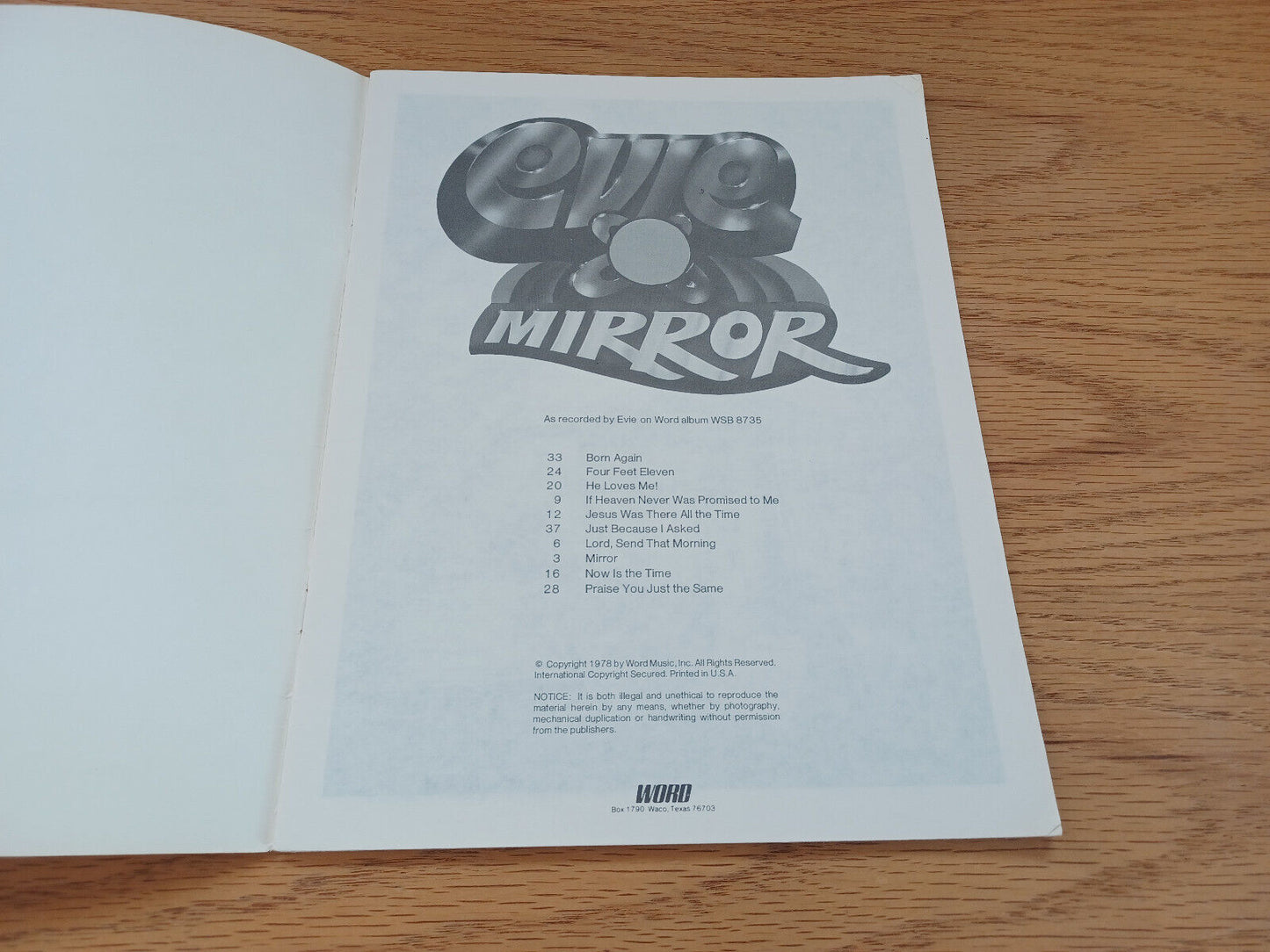 Evie Mirror 1978 Wsb 8735 Sheet Music Word Music