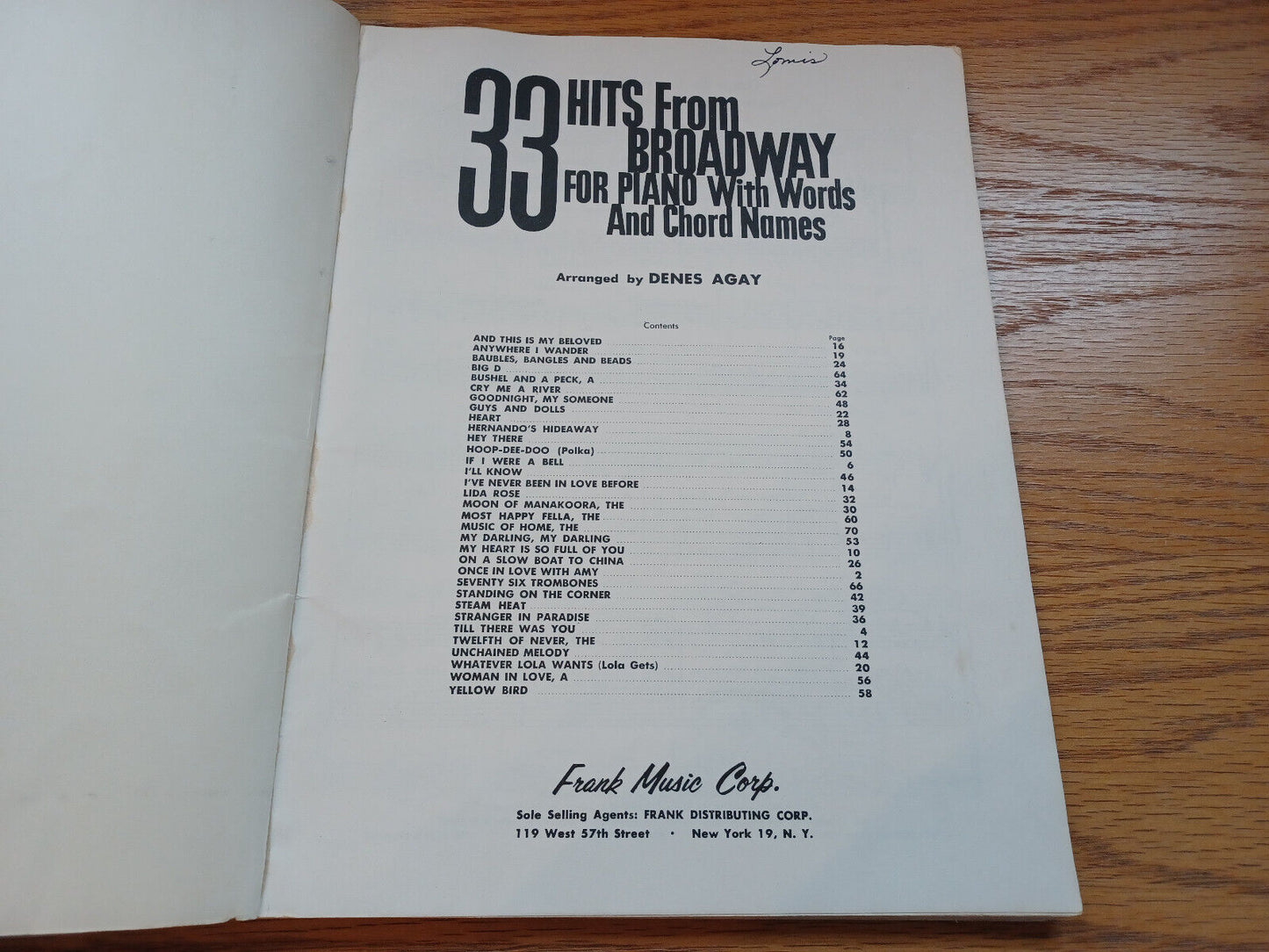 33 Hits From Broadway For Piano With Words And Chord Names Denes Agay 1961