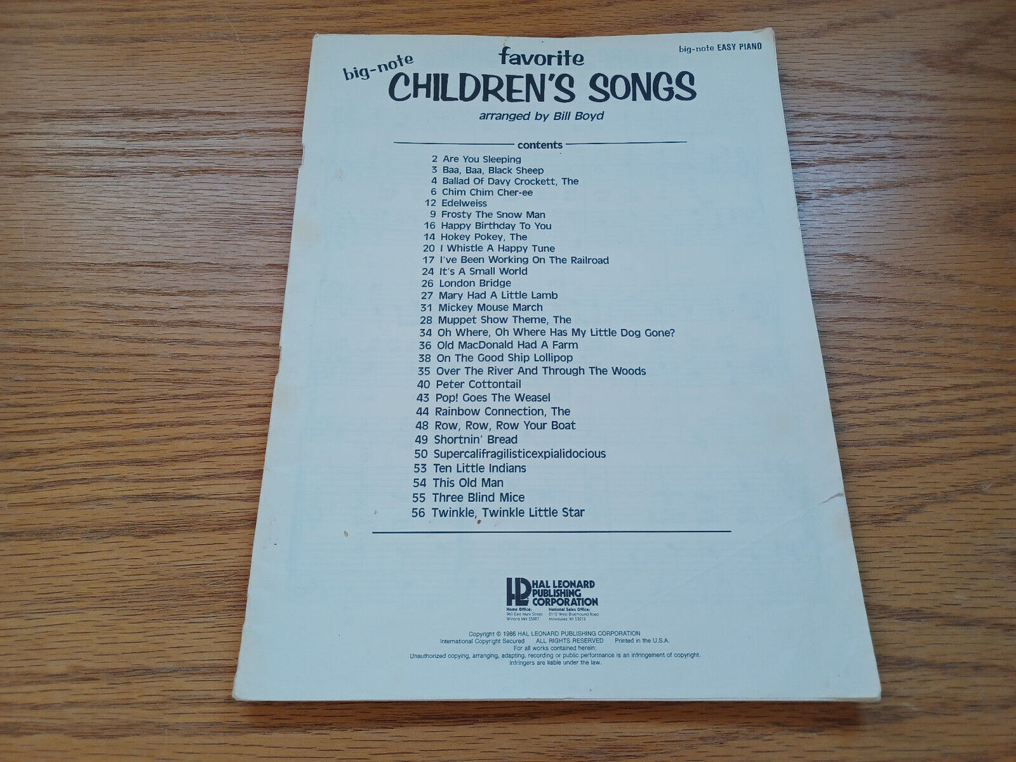 Big Note Favorite Children'S Songs Easy Piano Bill Boyd 1986